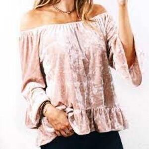 Sanctuary Dusty Pink Velvet Off-Shoulder Ruffle Top